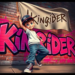 A hip-hop movie animation style image showcasing a charismatic hip-hop boy with striking blue eyes, energetically raising a flag