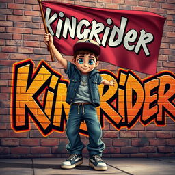 A hip-hop movie animation style image showcasing a charismatic hip-hop boy with striking blue eyes, energetically raising a flag