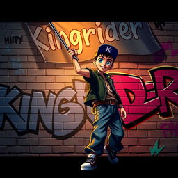 A hip-hop movie animation style image showcasing a charismatic hip-hop boy with striking blue eyes, energetically raising a flag