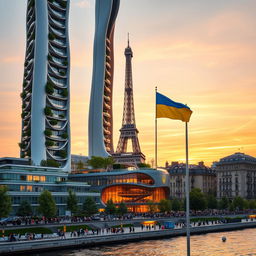 A fully visible bionically shaped skyscraper with smooth lines and zigzags in Paris