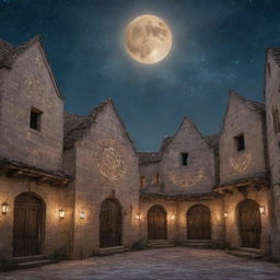 An ancient magical city, with glowing arcane sigils etched into weathered stone buildings, under a starry sky.