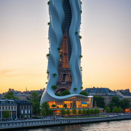 A fully visible bionically shaped skyscraper with smooth lines and zigzags in Paris