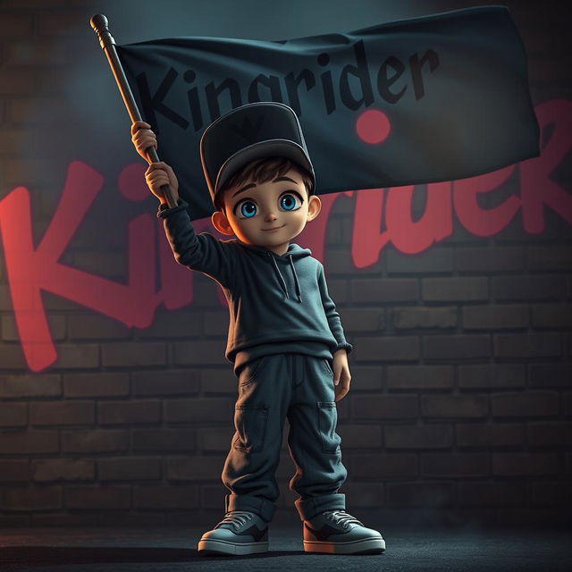 A hip-hop themed, dark movie animation style image featuring a hip-hop boy with captivating blue eyes holding a flag aloft