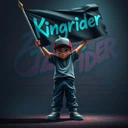 A hip-hop themed, dark movie animation style image featuring a hip-hop boy with captivating blue eyes holding a flag aloft