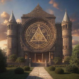 An ancient magical city housing a prestigious academy, glowing sigils adorning the grand educational edifices, radiating an aura of wisdom and arcane knowledge.