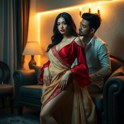 Indonesian pornstar supermodel with a seductive aura, in a muga, cream, and red Mekhela Chadar with a red blouse and high heels