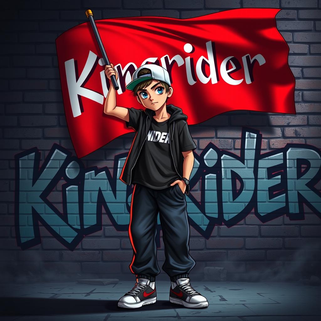 A hip-hop and dark movie animation style image featuring a 25-year-old hip-hop boy with intense blue eyes confidently raising a flag