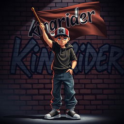 A hip-hop and dark movie animation style image featuring a 25-year-old hip-hop boy with intense blue eyes confidently raising a flag