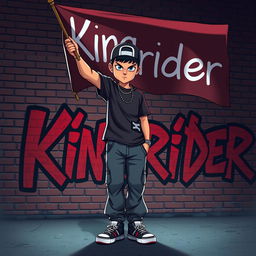 A hip-hop and dark movie animation style image featuring a 25-year-old hip-hop boy with intense blue eyes confidently raising a flag