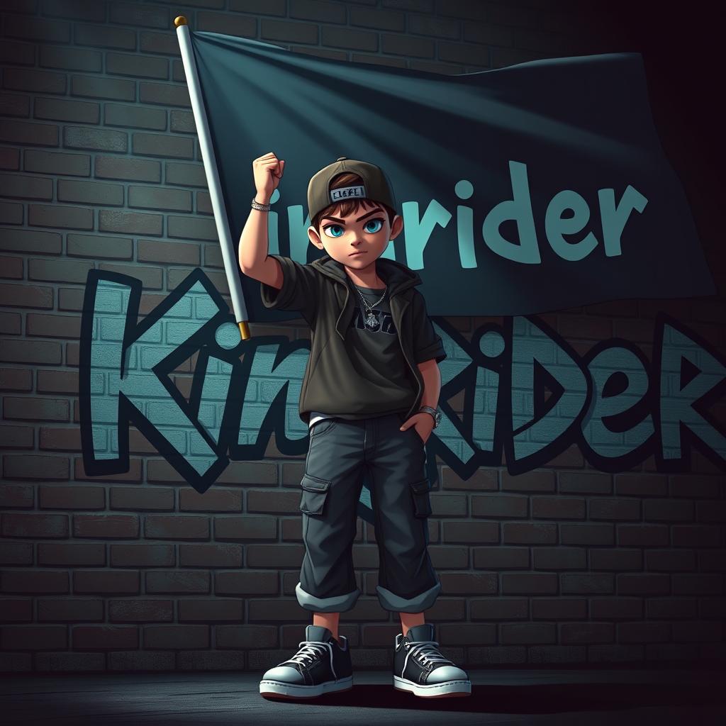 A hip-hop and dark movie animation style image featuring a 25-year-old hip-hop boy with intense blue eyes confidently raising a flag