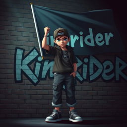 A hip-hop and dark movie animation style image featuring a 25-year-old hip-hop boy with intense blue eyes confidently raising a flag