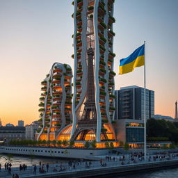 A fully visible bionically shaped skyscraper with smooth lines and zigzags, showcasing its full height including the top in Paris