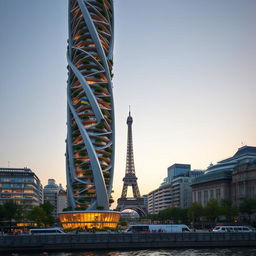 A fully visible bionically shaped skyscraper with smooth lines and zigzags, showcasing its full height including the top in Paris