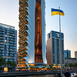 A fully visible bionically shaped skyscraper with smooth lines and zigzags, showcasing its full height including the top in Paris