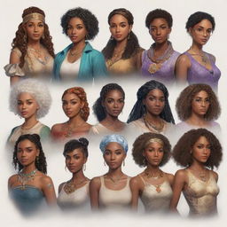 A diverse array of characters showcasing different races, genders, personalities, and magical abilities, each unique in their attire and accessories.