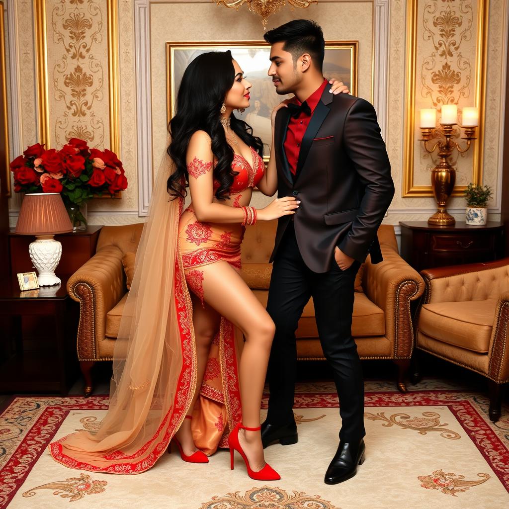 Indonesian pornstar supermodel, celebrated for her alluring figure, in a luxurious muga, cream, and red color combination Mekhela Chadar with a matching red blouse and high heels