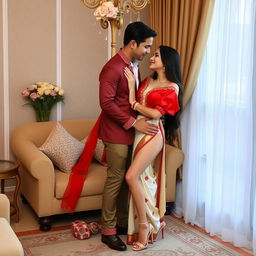 Indonesian pornstar supermodel, celebrated for her alluring figure, in a luxurious muga, cream, and red color combination Mekhela Chadar with a matching red blouse and high heels