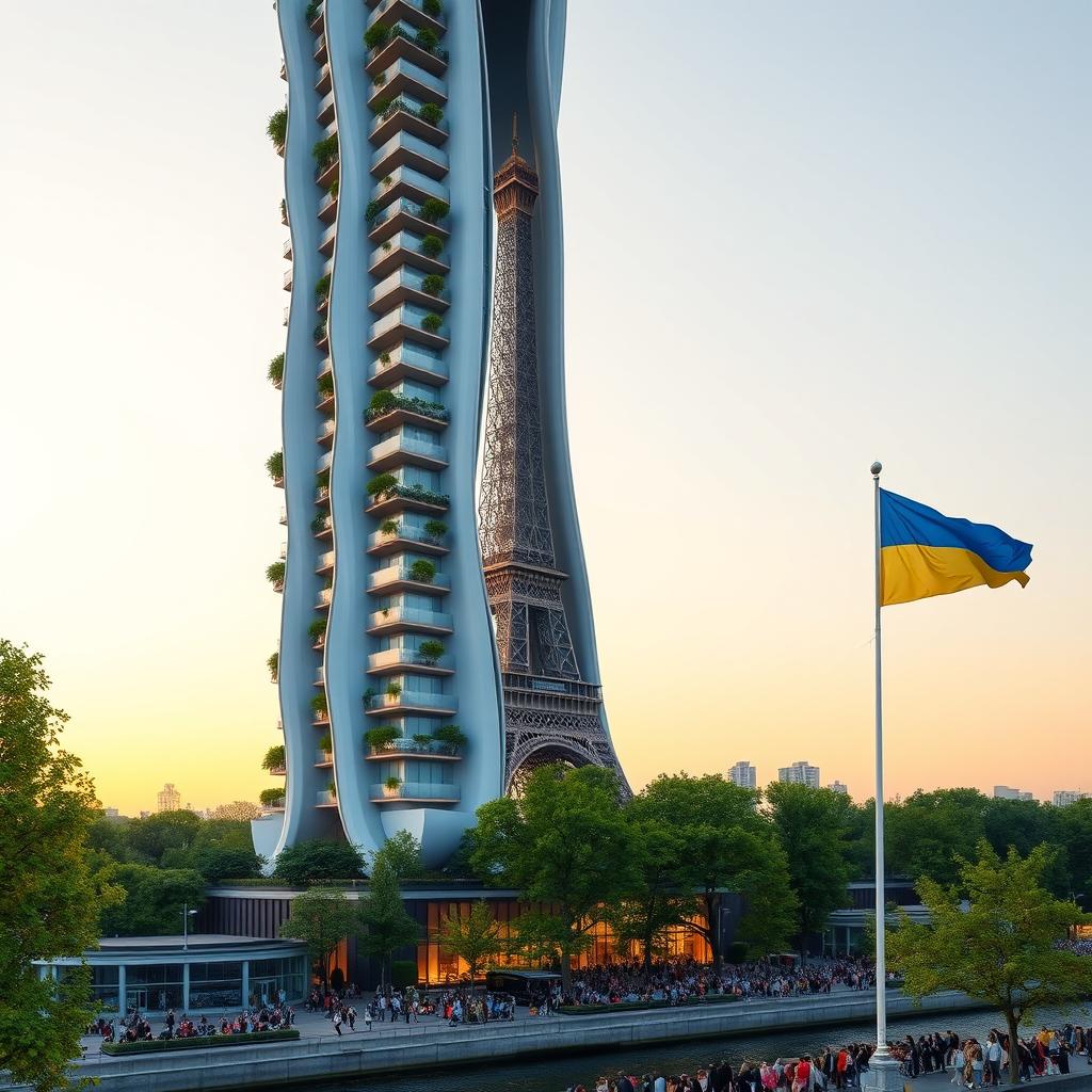 A fully visible bionically shaped skyscraper with smooth lines and zigzags, showcasing its full height including the top, situated in Paris