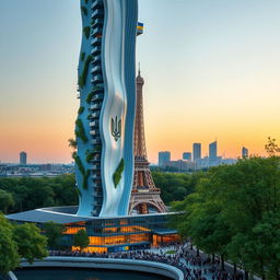 A fully visible bionically shaped skyscraper with smooth lines and zigzags, showcasing its full height including the top, situated in Paris