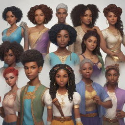 A diverse array of characters showcasing different races, genders, personalities, and magical abilities, each unique in their attire and accessories.