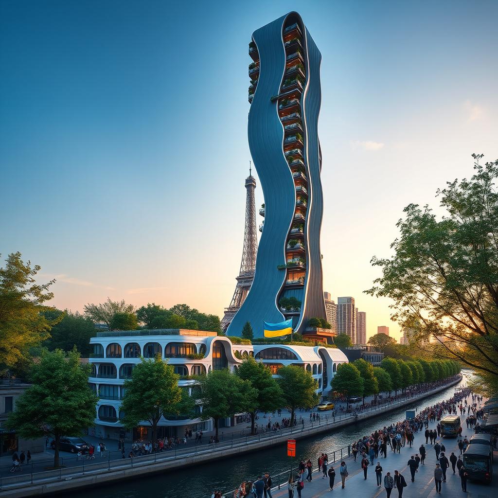 A fully visible bionically shaped skyscraper with smooth lines and zigzags, showcasing its full height including the top, situated in Paris