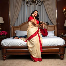 Indonesian pornstar with a full figure, strikingly beautiful in a muga, cream, and red Mekhela Chadar, complemented by a red blouse and stylish high heels