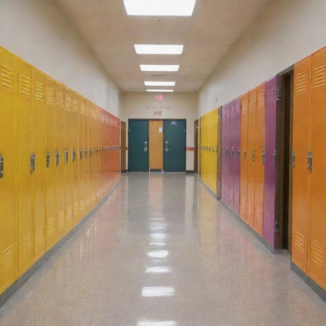 A bustling school hallway, brightly lit, with a series of classroom doors lining each side. The floor is polished, reflecting the overhead lights, with colorful lockers interspersed between the doors.