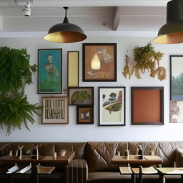 A restaurant interior wall adorned with eclectic and tasteful decor. Pieces include vintage framed paintings, stylish mirrors, hanging plants, and unique wall-mounted sculptures, creating a visually compelling and intimate dining atmosphere.