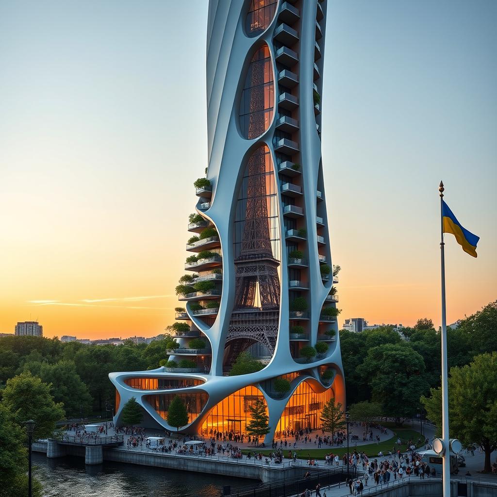 A fully visible bionically shaped skyscraper with smooth lines and zigzags, showcasing its full height including the top, located in Paris