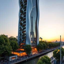 A fully visible bionically shaped skyscraper with smooth lines and zigzags, showcasing its full height including the top, located in Paris