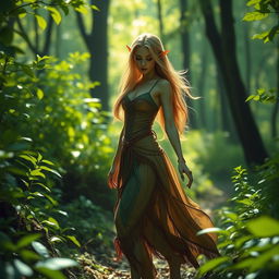 A beautiful green elf gracefully walking through a lush forest, surrounded by vibrant green foliage and sparkling sunlight filtering through the trees