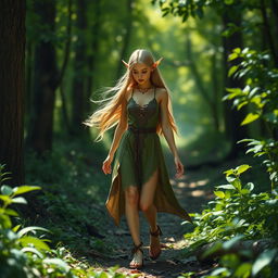 A beautiful green elf gracefully walking through a lush forest, surrounded by vibrant green foliage and sparkling sunlight filtering through the trees