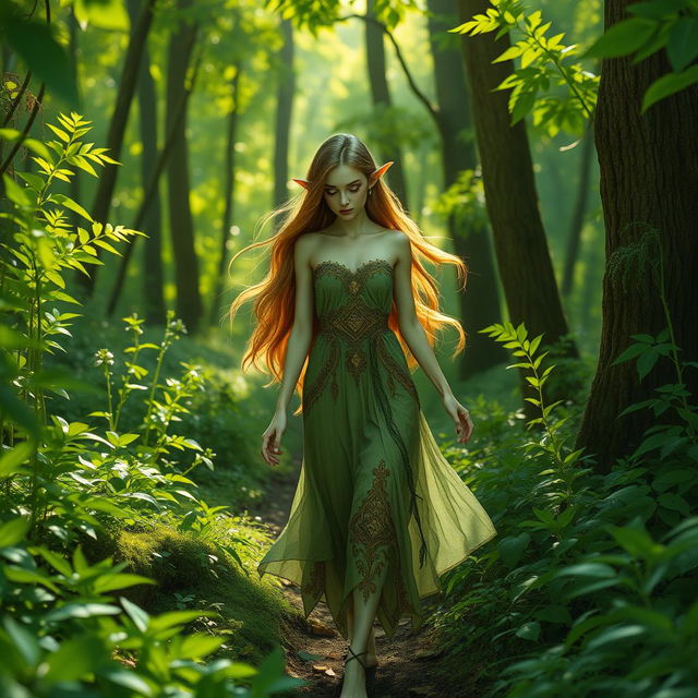 A beautiful green elf gracefully walking through a lush forest, surrounded by vibrant green foliage and sparkling sunlight filtering through the trees