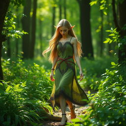 A beautiful green elf gracefully walking through a lush forest, surrounded by vibrant green foliage and sparkling sunlight filtering through the trees