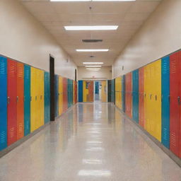 A bustling school hallway, brightly lit, with a series of classroom doors lining each side. The floor is polished, reflecting the overhead lights, with colorful lockers interspersed between the doors.