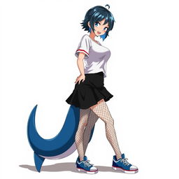 A mature woman character from Boku no Hero Academia styled as a 25-year-old, wearing casual clothes including a black skirt, fishnet stockings, and blue sneakers