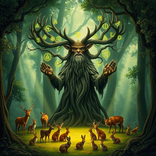 A mystical guardian of the forest, depicted as a majestic creature combining elements of a wise old tree and a powerful stag