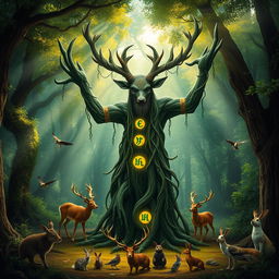 A mystical guardian of the forest, depicted as a majestic creature combining elements of a wise old tree and a powerful stag