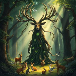 A mystical guardian of the forest, depicted as a majestic creature combining elements of a wise old tree and a powerful stag