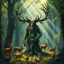 A mystical guardian of the forest, depicted as a majestic creature combining elements of a wise old tree and a powerful stag