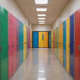 A bustling school hallway, brightly lit, with a series of classroom doors lining each side. The floor is polished, reflecting the overhead lights, with colorful lockers interspersed between the doors.