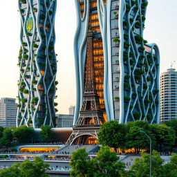 A fully visible bionically shaped skyscraper with smooth lines and zigzags, showcasing its full height including the top, located in Paris