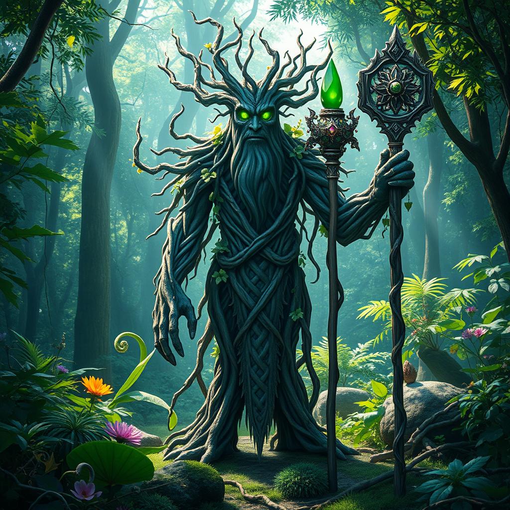 A mystical forest guardian standing majestically amidst a lush, verdant woodland