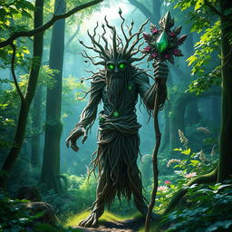 A mystical forest guardian standing majestically amidst a lush, verdant woodland