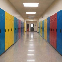 A bustling school hallway, brightly lit, with a series of classroom doors lining each side. The floor is polished, reflecting the overhead lights, with colorful lockers interspersed between the doors.