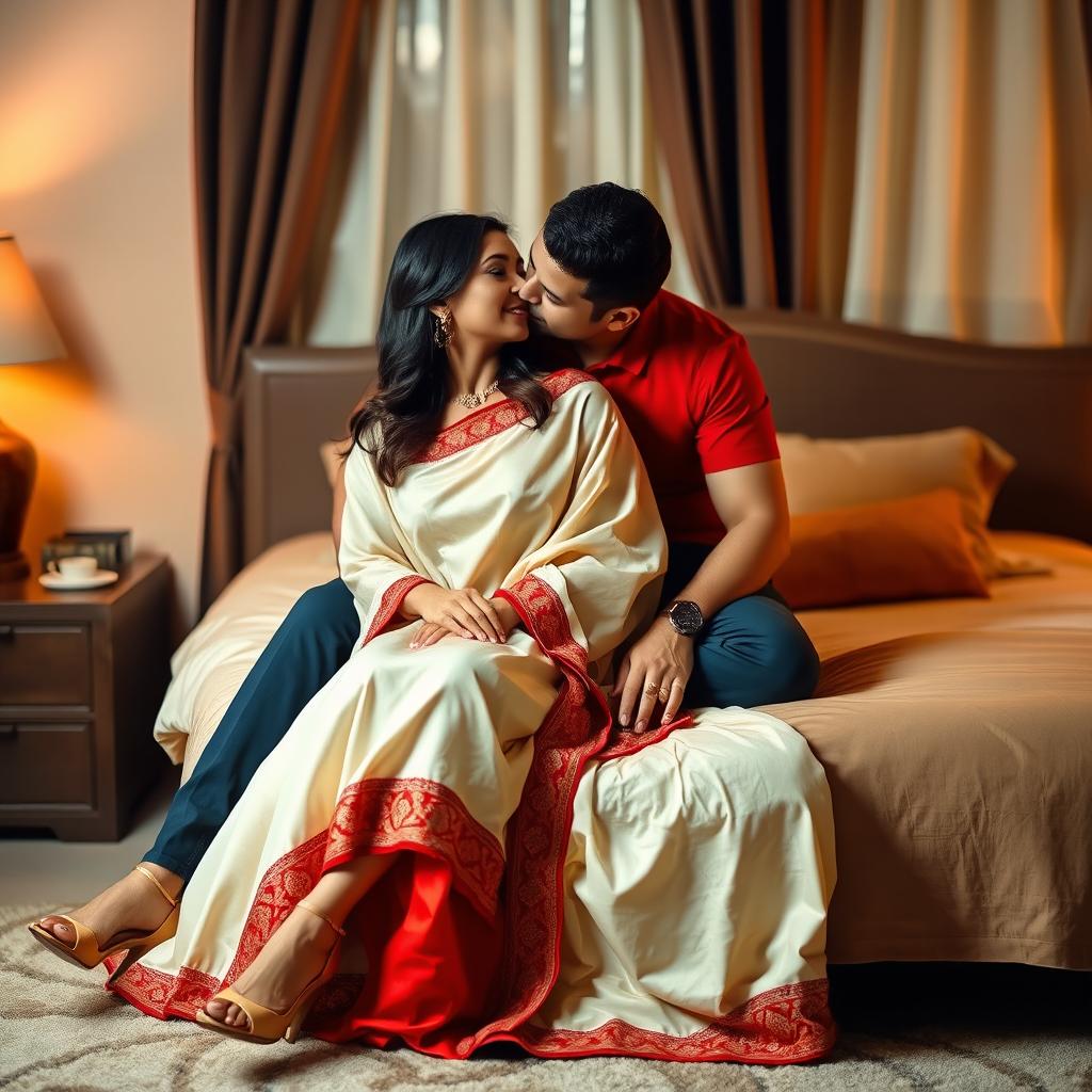 A romantic scene in a cozy room with a couple sharing a tender moment