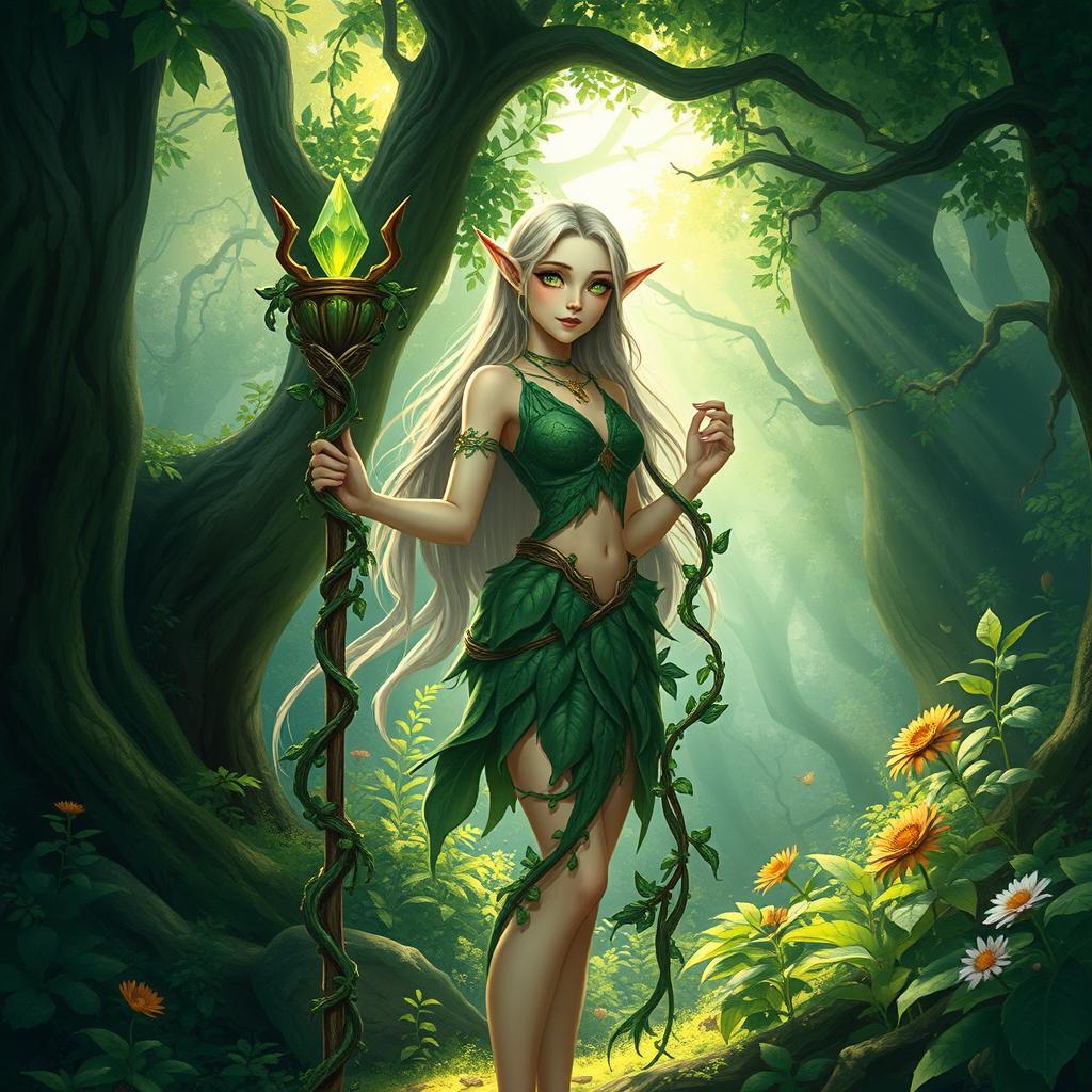 A delicate elven forest guardian standing gracefully in a lush, mystical woodland