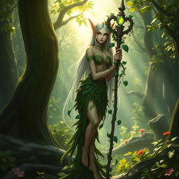 A delicate elven forest guardian standing gracefully in a lush, mystical woodland