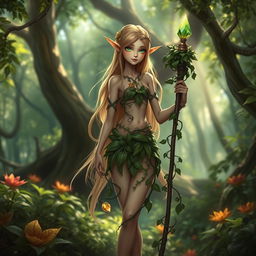 A delicate elven forest guardian standing gracefully in a lush, mystical woodland