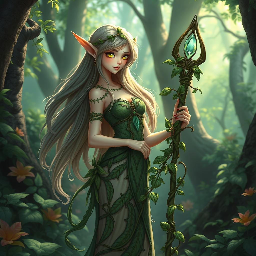 A delicate elven forest guardian standing gracefully in a lush, mystical woodland